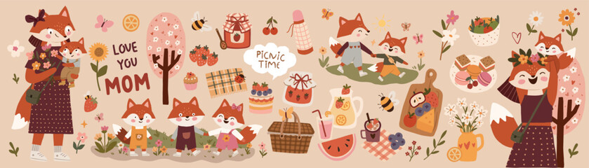 Naklejka premium Fox Family Picnic Clipart Set with Mother's Day and Summer Elements, Cute Woodland Animals and Food Stickers