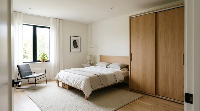 Sleek minimalist bedroom with sliding door wardrobe and beige carpet decor
