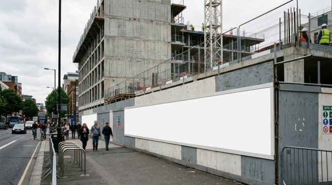 Construction site hoarding with a large blank white billboard along a busy city street with pedestrians and traffic passing by under an overcast sky.