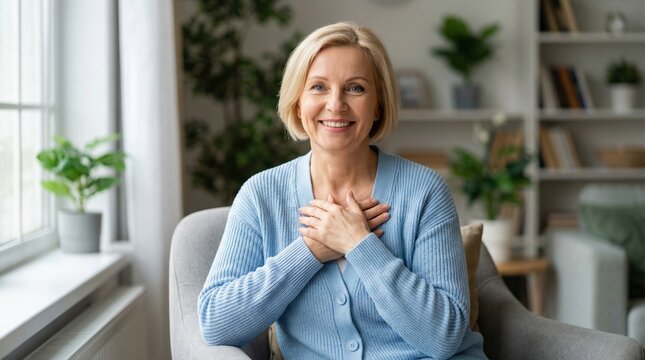 Happy blonde woman smiling with hands on chest, expressing gratitude and sincerity while sitting comfortably indoors.