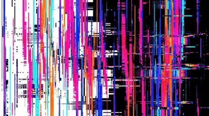 Obraz premium Digital glitch abstract pattern with vibrant colorful vertical and horizontal lines creating a modern technological background.