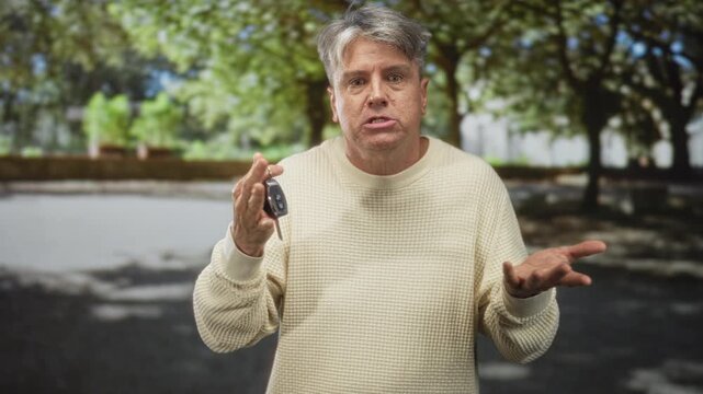 Man holding car keys, hands raised in a questioning gesture on a tree-lined street, wearing a cream sweater and mouth open as if explaining a lost key situation; frustration.