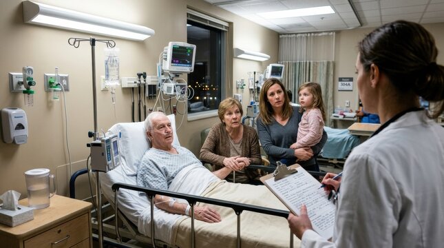 Doctor explaining to family about elderly patient in hospital bed while they listen attentively to the medical information.