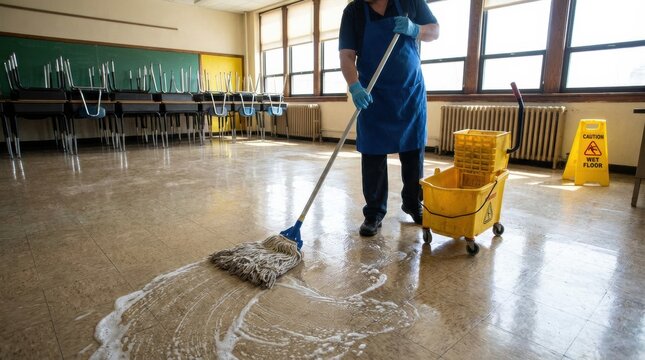 Janitor mopping a classroom floor with soapy water, cleaning the empty school building after hours for hygiene and sanitation.