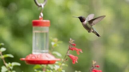 Obraz premium Ruby-throated hummingbird hovering near a red feeder. Small bird in flight in a garden setting