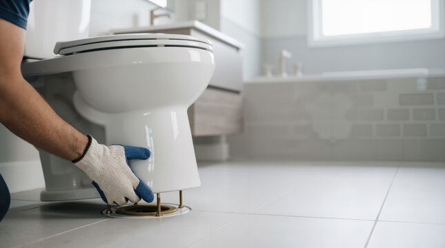 Plumber installing a new toilet in a bathroom. Professional worker positioning a white ceramic toilet bowl over the floor flange