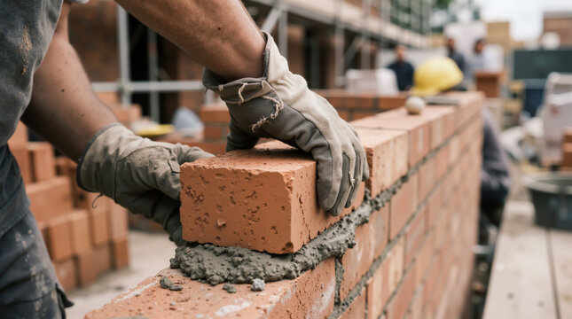 Construction worker laying red bricks on a building site. Professional mason building a wall with mortar and protective gloves