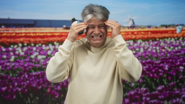 Man holding medicine bottle, grimacing with hands raised by a building at a tulip field in sunlight, face tense; discomfort.