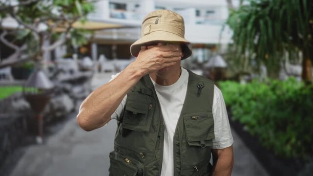 Man wearing bucket hat and fishing vest covering face with hand in hotel courtyard; privacy introspection.
