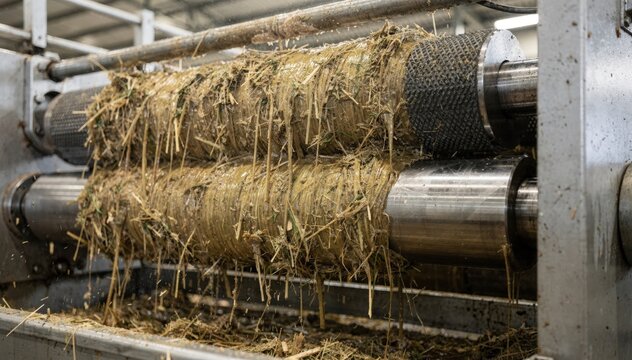 Medium shot of semiwet hemp bast fiber decortication with visibly damp fibers and machinery processing the softened plant material for enhanced fiber extraction.