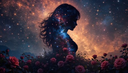 Fototapeta premium Woman silhouette in starry night sky with roses cosmic beauty and mysticism