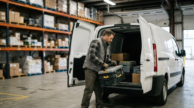 Medium shot of a small business owner loading toolboxes into a white cargo van with blurred warehouse shelves in the background emphasizing commercial leasing.