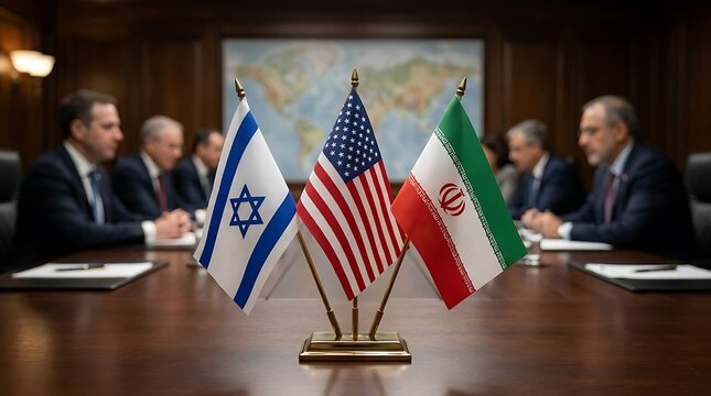 Three country flags of Israel, United States and Iran on conference table during diplomatic meeting with blurred delegates in background