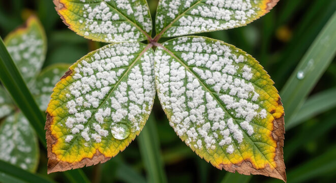 Close-up of green leaf with white powdery mildew and yellowing edges detailed texture