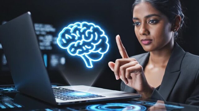 Woman interacting with futuristic brain interface technology.