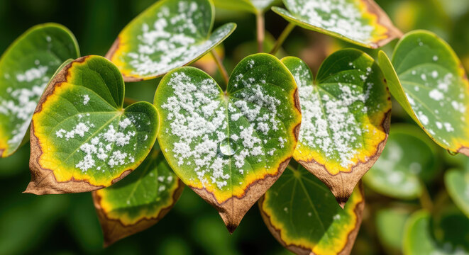 Close-up of lush green leaves with white powdery mildew spots and browning edges