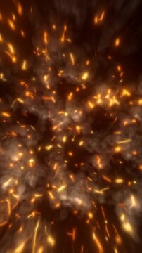 Abstract fiery spark explosion with orange embers, smoke, glowing particles, and dark dramatic energy.