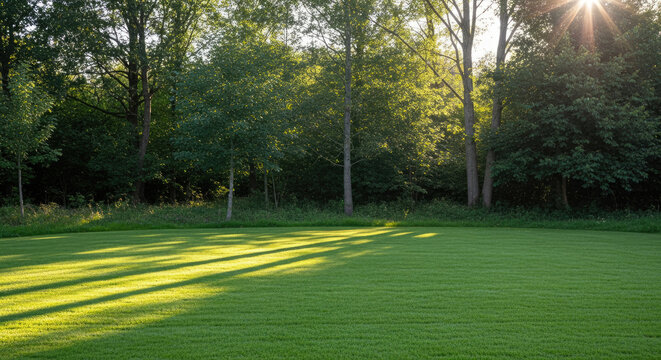 Sunlit lush green lawn with dappled shadows from trees in park setting