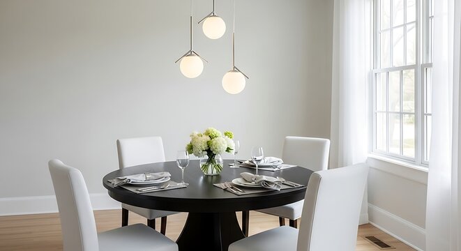 A pristine modern dining room features a stylish dark round dining table elegantly set with four white upholstered chairs, illuminated by three contemporary spherical pendant lights, creating a bright