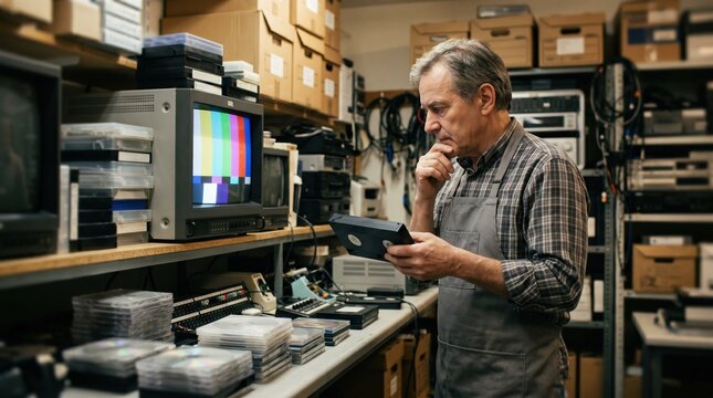 Technician reviewing transferred video on a monitor with a VHS tape in hand surrounded by outoffocus discs and storage cases arranged on a workbench.