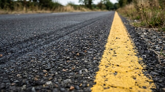 Asphalt road with yellow line in close-up showcasing grey tarmac texture
