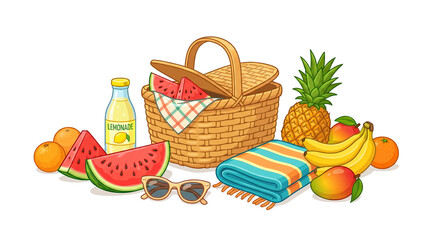 Fototapeta premium Summer picnic basket with fresh tropical fruits, transparent background