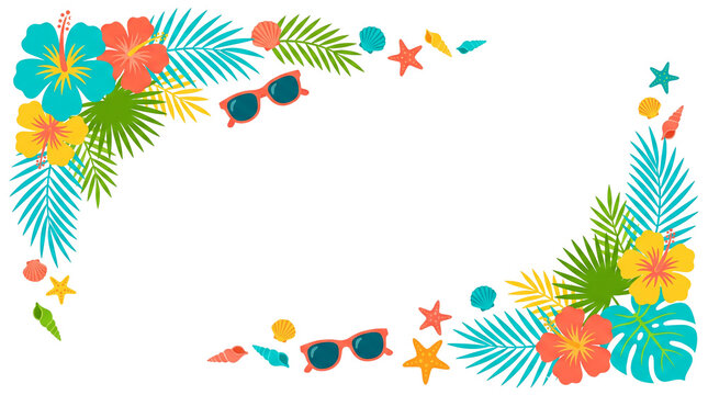Tropical summer floral border frame, transparent background