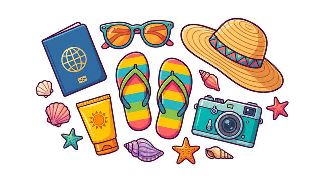 Summer travel and beach accessories illustration, transparent background
