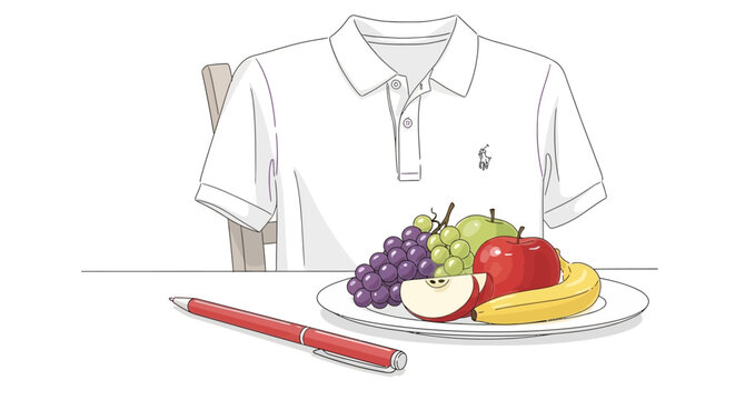 Still life of a polo shirt, plate of fruit, and a pen