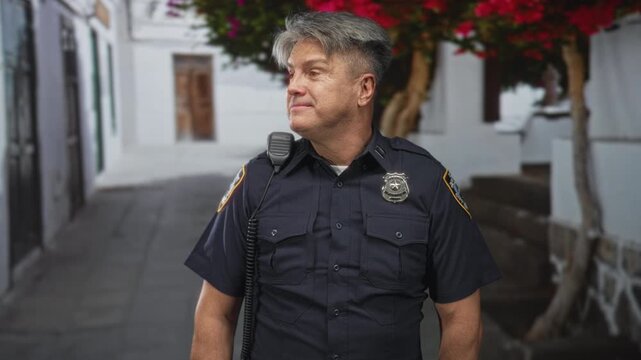 Police officer man standing with badge visible and eyes closed in narrow street under flowering trees; calm reflection.