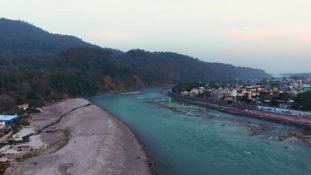 Aerial view of ganga river at rishikesh, uttarakhand 6k footage