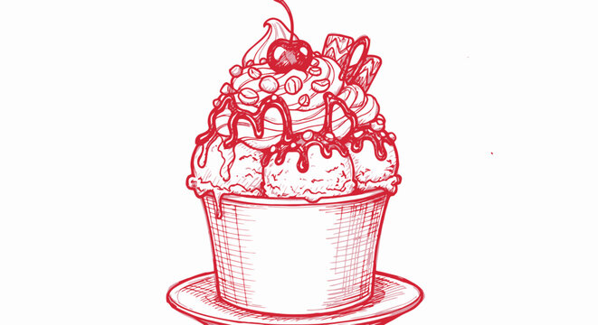 Delicious red line art ice cream sundae illustration.
