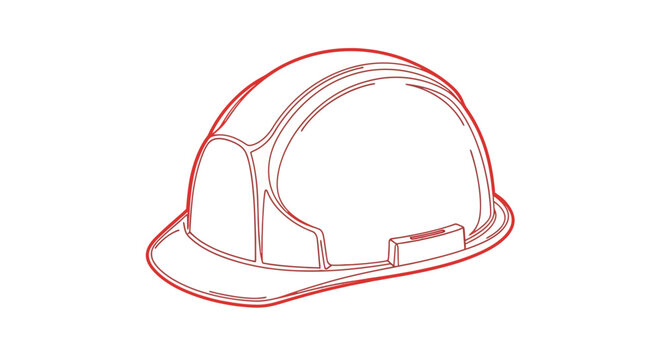Red line art of a construction hard hat on a white background.
