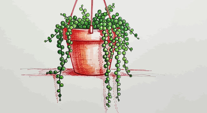 Hand drawn sketch of a String of Pearls succulent in a pot.