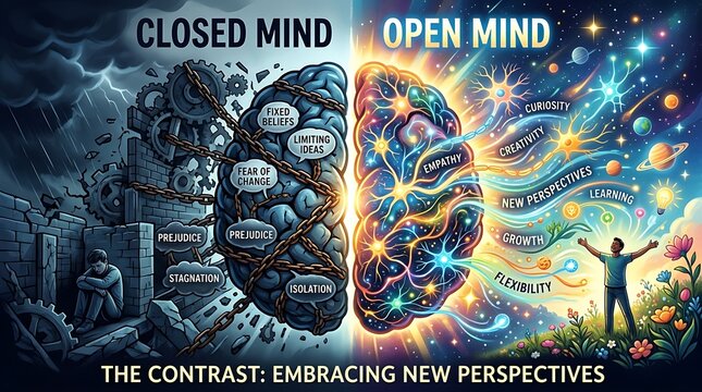 Anatomical Split Brain Halves Concept Open Mind Versus Closed