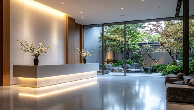 Luxurious modern Japanese hotel lobby with minimalist Japandi design and natural warm wood panels