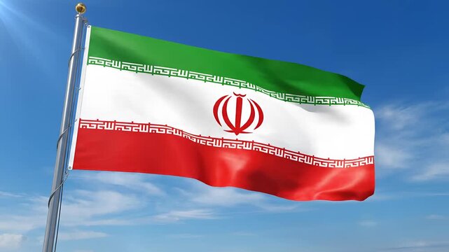 Iranian Flag Waving Proudly Against a Clear Blue Sky.