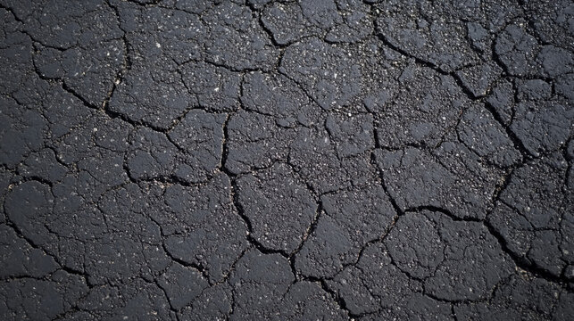 Close-up of cracked, dry asphalt pavement showing weathered texture and irregular fissures.