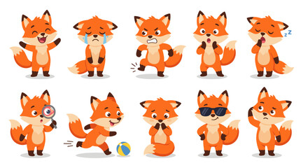 Obraz premium Charming Fox Character Expressing Various Emotions and Engaging in Activities