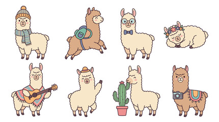 Naklejka premium Charming collection of adorable llama characters in various playful scenarios and poses