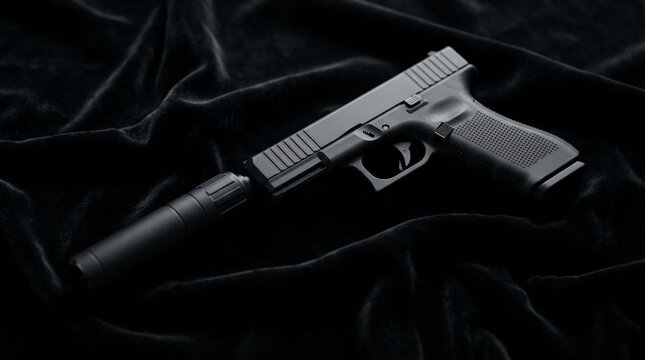 Black semi automatic pistol with silencer lying on dark velvet fabric. Handgun weapon with suppressor for tactical operations. Crime concept with copy-space.