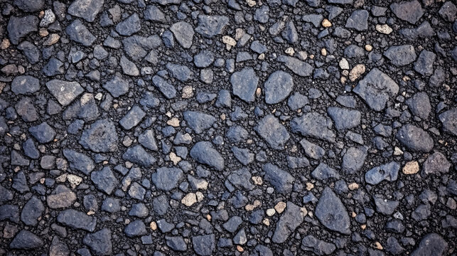 Close-up image of rough asphalt pavement with irregularly shaped stones embedded in dark tar.