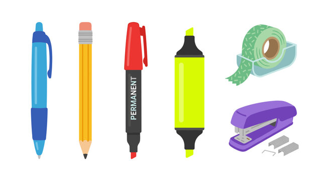 Illustration of assorted colorful office and school supplies in a clear