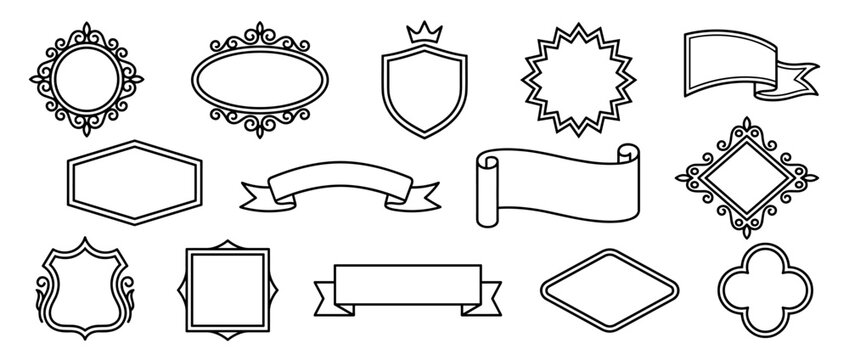 Collection of blank vintage frames and banners outline vector illustration
