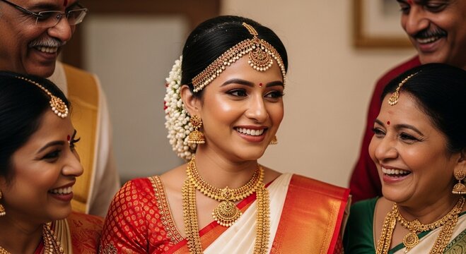 Beautiful south indian bride in traditional attire smiling with family