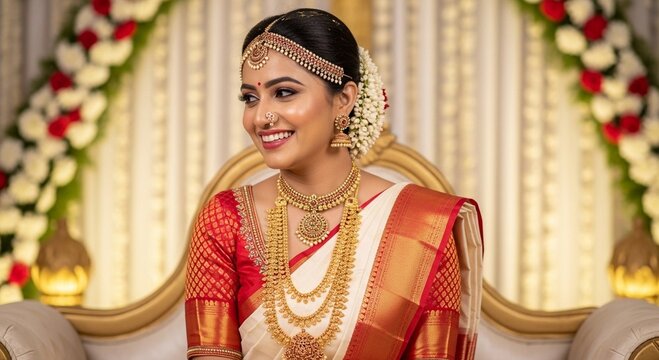 Beautiful south indian bride in traditional saree and gold jewelry, smiling