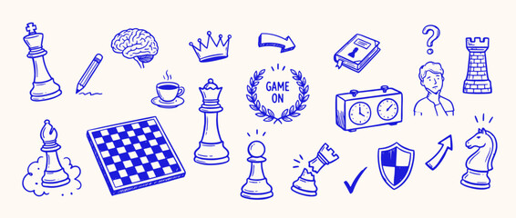 Chess Game Elements: A collection of various hand-drawn elements, perfect for illustrating the strategic and intellectual nature of chess. © Saiid-Designs