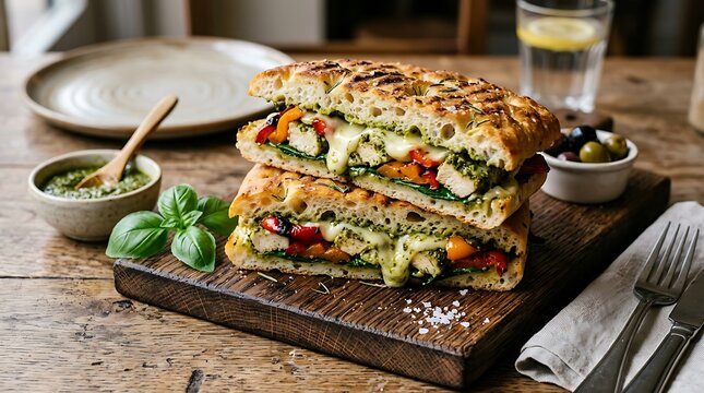 Fresh Pesto Chicken Panini Sandwich With Peppers Mozza