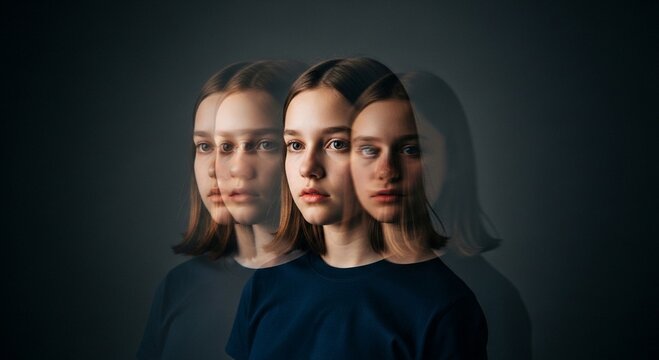 Multiple exposures of a young womans face, conveying a sense of dissociation or fragmented identity