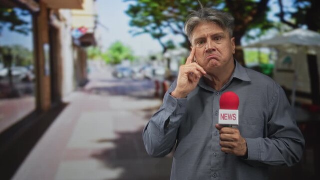 Man reporter holding red microphone, finger to temple during street interview with visible news label on mic; confusion.